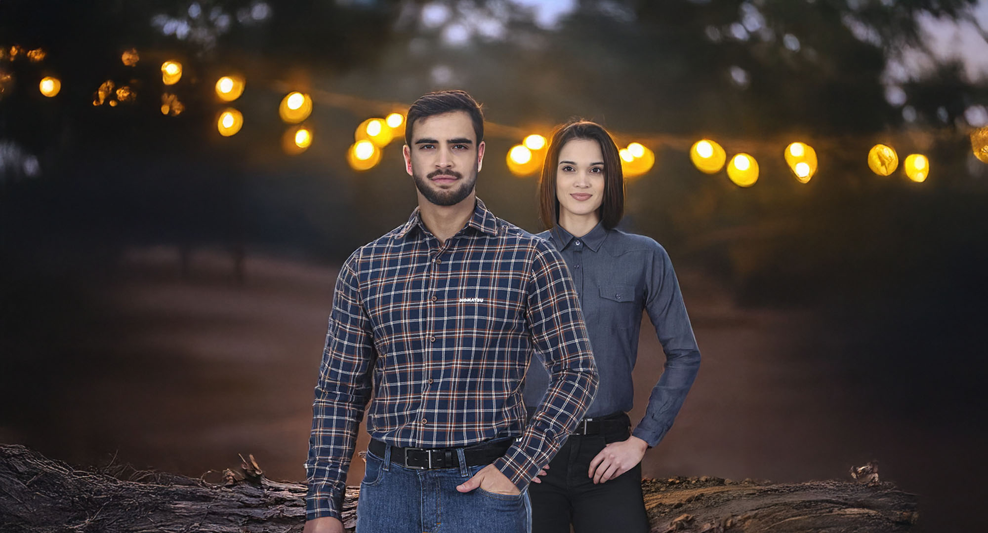 A man and a woman wearing Komatsu branded clothing