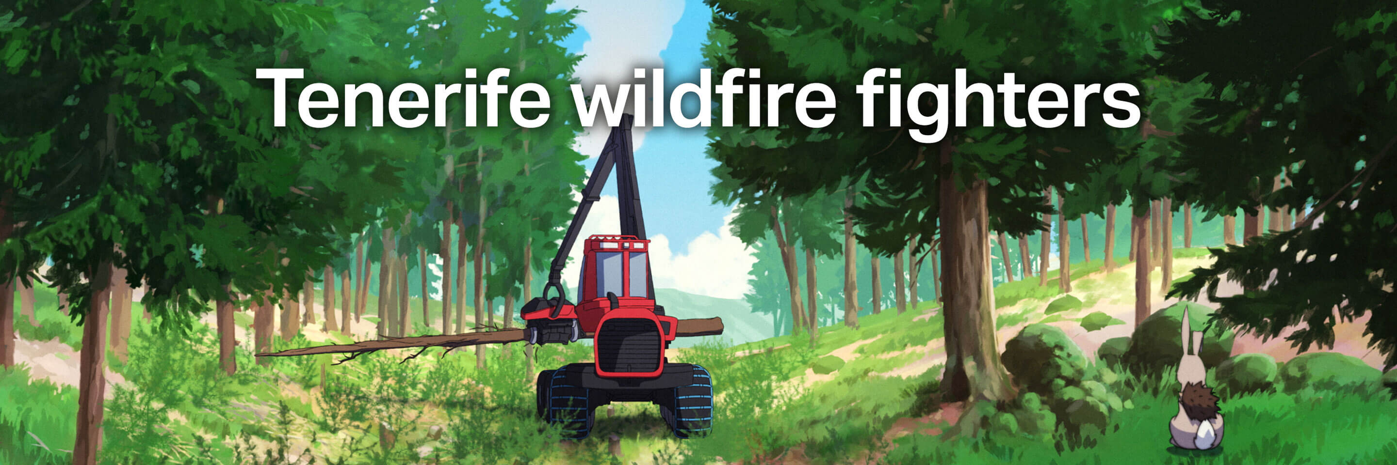 An illustrated forest scene shows a red forestry machine with a long arm on a sunlit path among tall trees