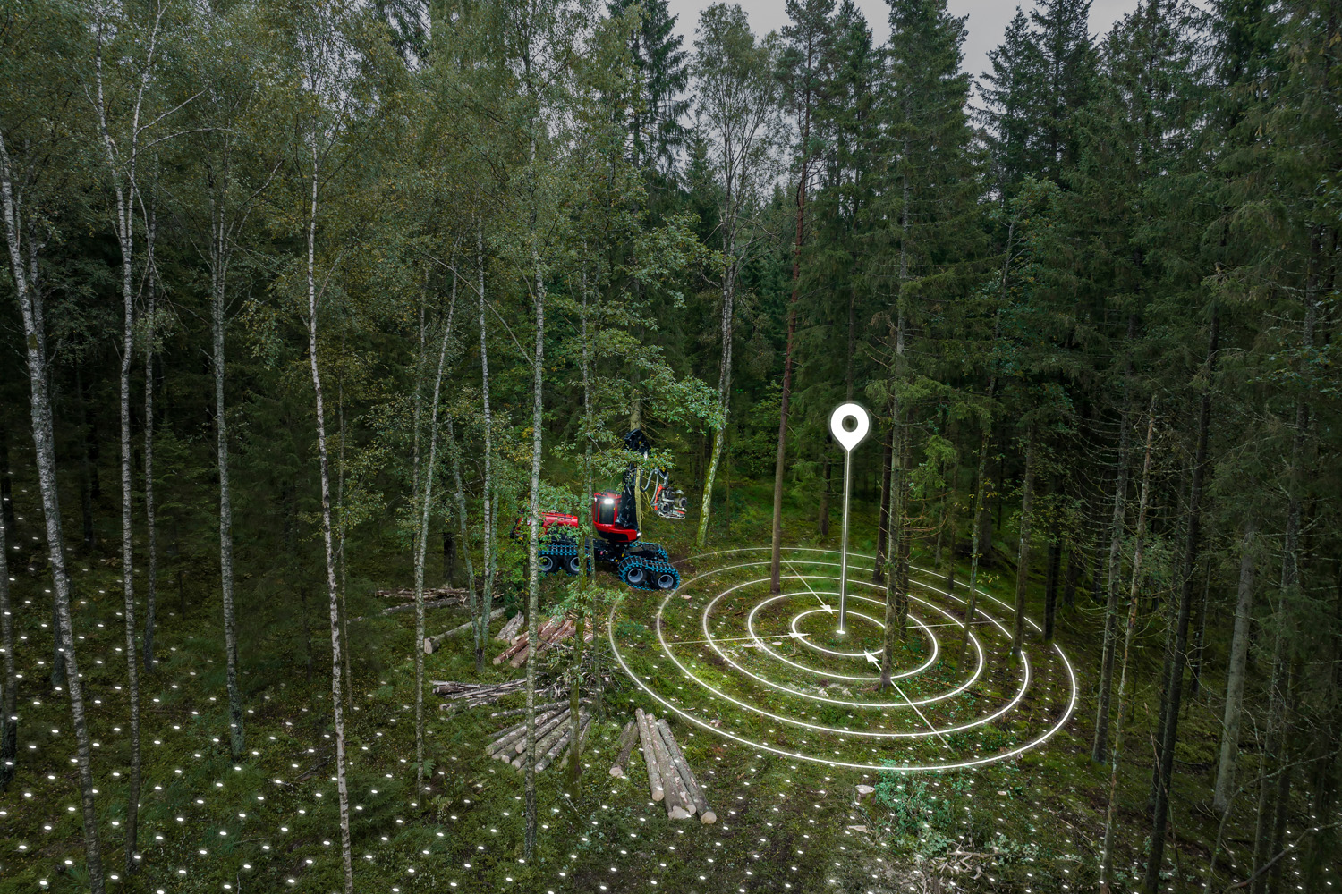 smart forestry positioning in a a forest illustration