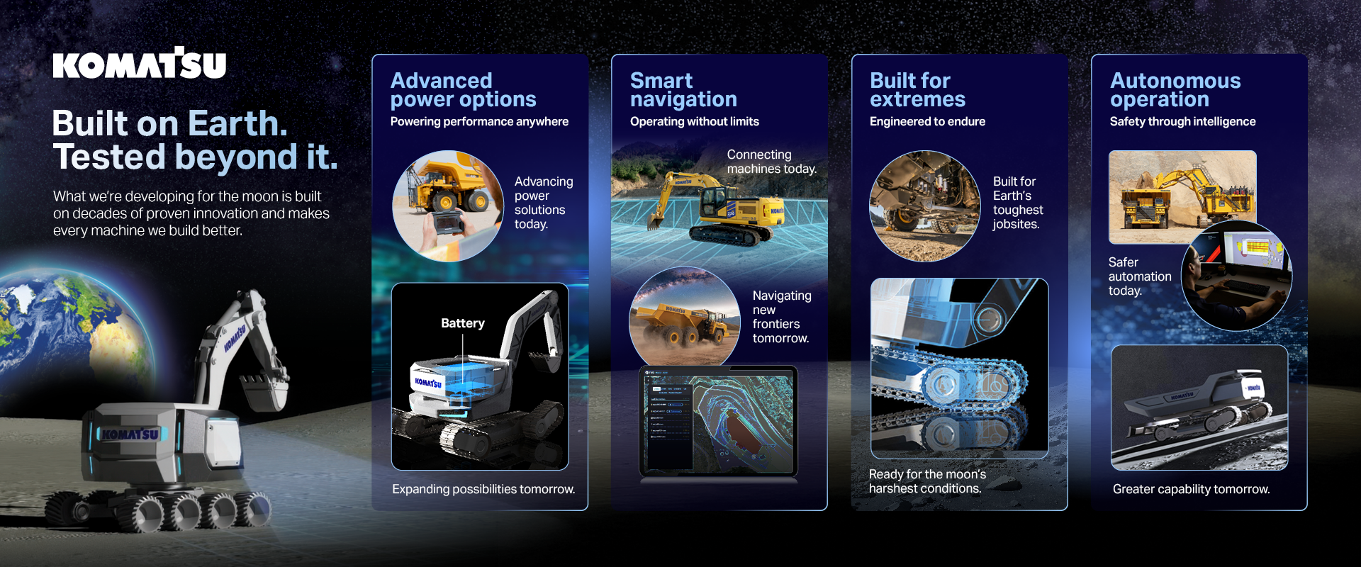Komatsu infographic highlighting lunar-ready equipment with advanced power, smart navigation, durability, and autonomous operation.
