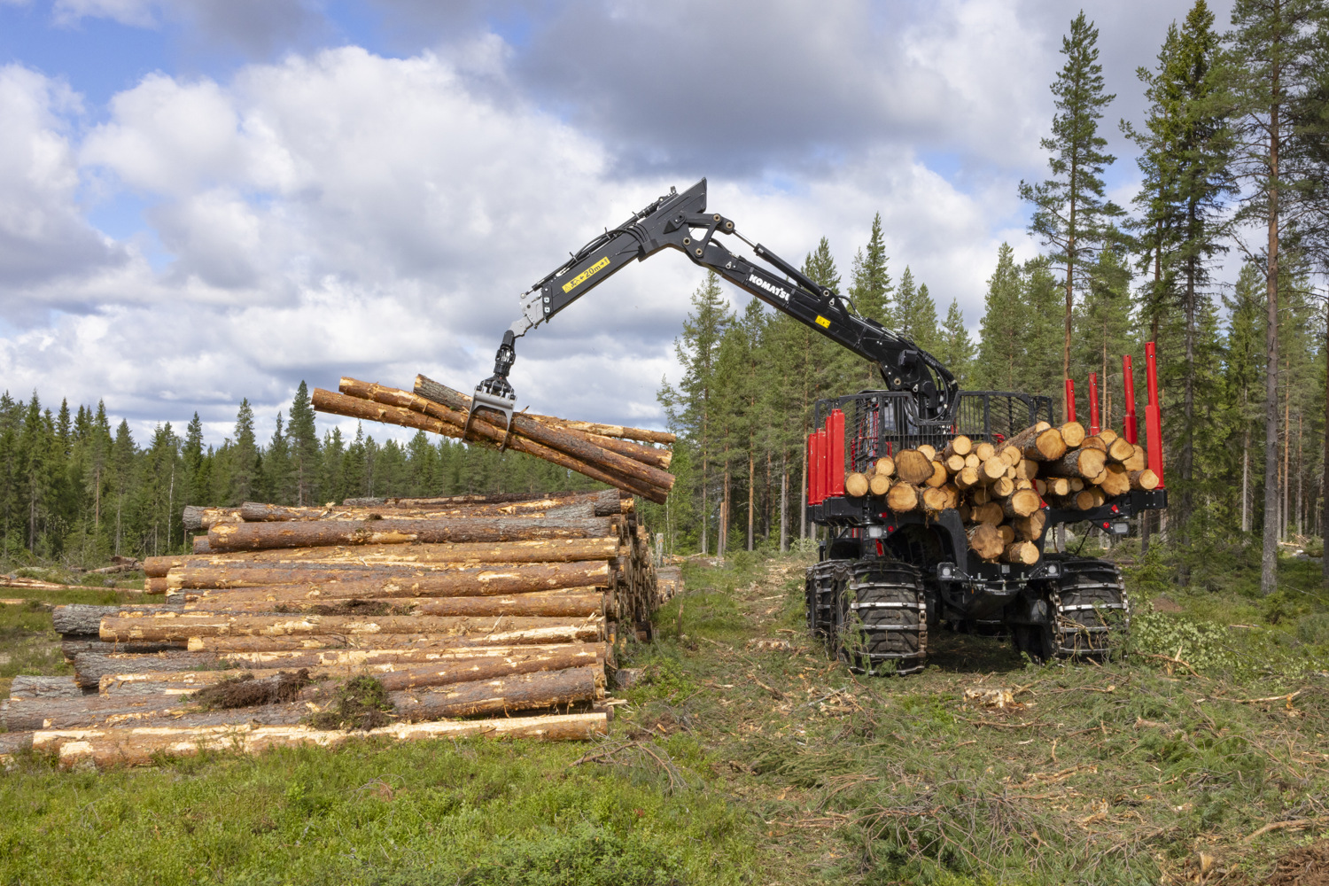 A forestry forwarder in a forest clearing uses a hydraulic crane to lift several logs from a stacked timber pile.