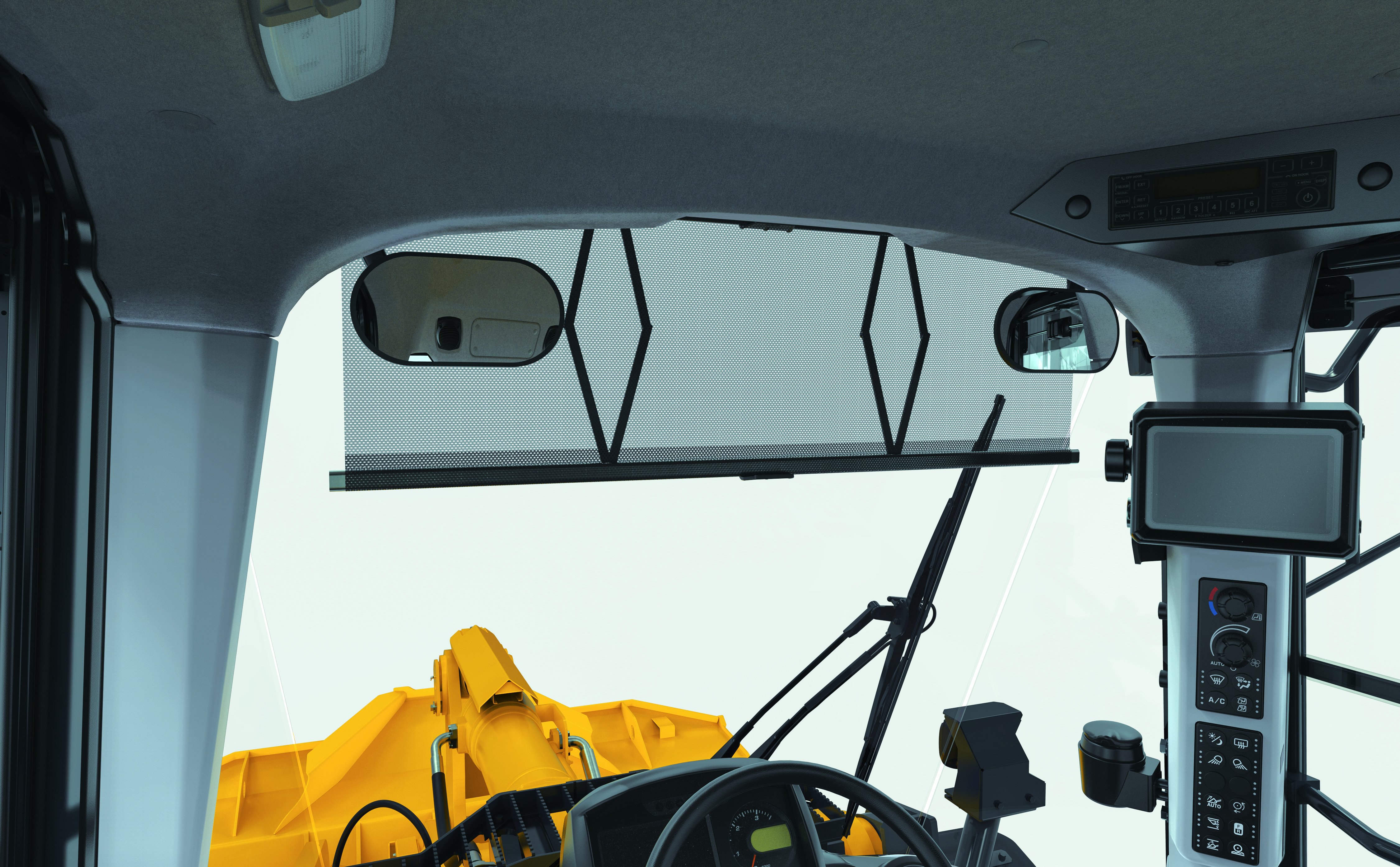 An inside view in the cab of a Komatsu wheel loader.