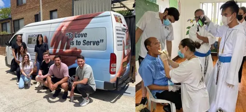 A group of people posing in front of a van with the text to love is to serve