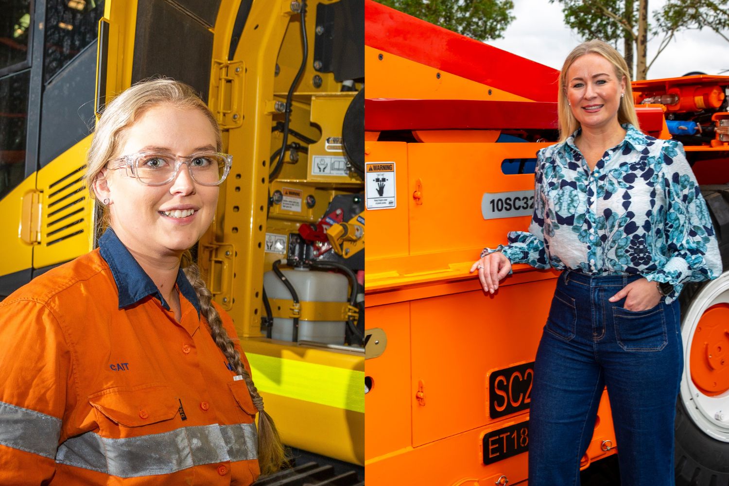 Two women in separate images. The first wears an orange safety outfit with braided hair, standing by machinery. The second, in a floral blouse and jeans, leans against orange equipment, smiling.