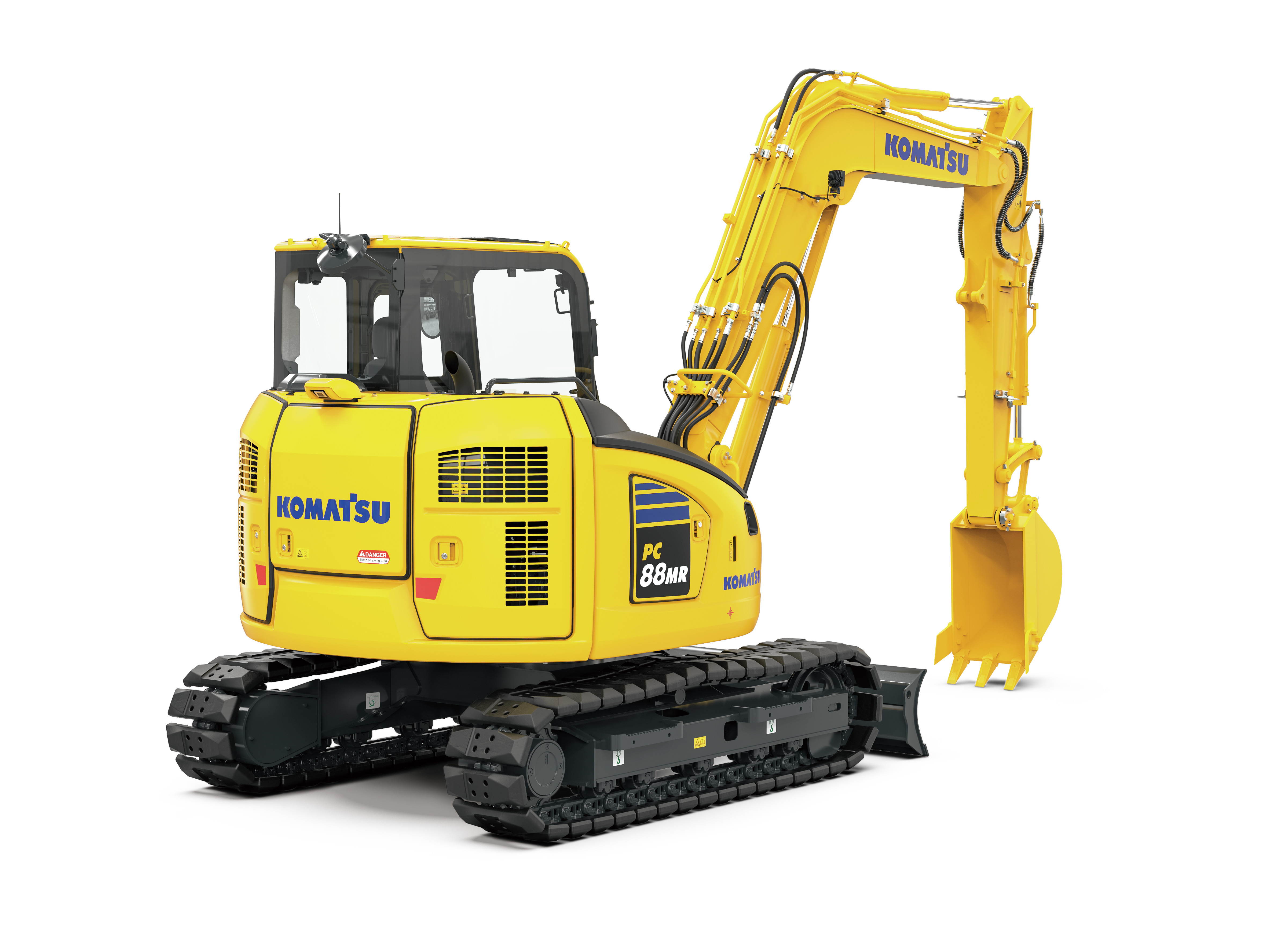 Komatsu PC88MR mid-sized excavator on a white background.