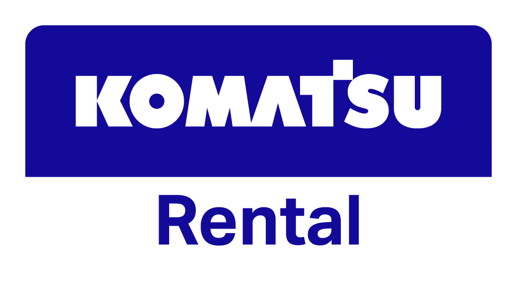 Logo of Komatsu Rental on a blue background.