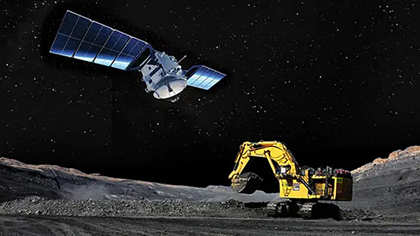 an illustration showing an komatsu excavator with a connecton to an overhead satellite.