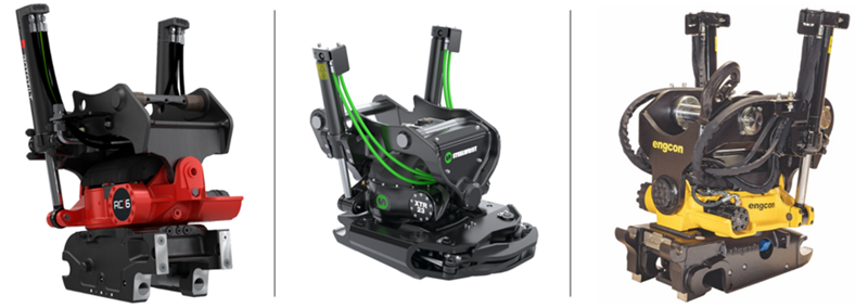Tiltrotators from Rototilt, Steelwrist, and Engcon (from left)
