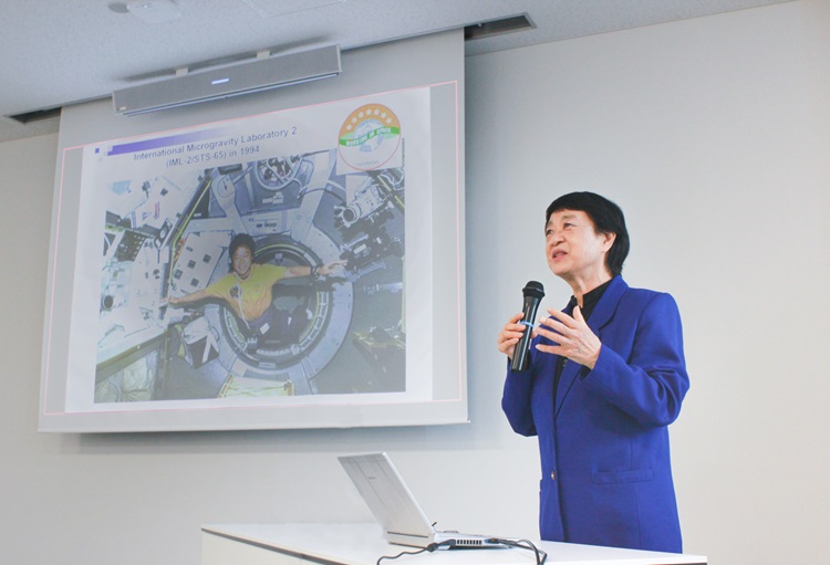 Dr Chiaki Mukai, Japan's first female astronaut, gives a speech at the opening of the Komatsu's new innovation lab.