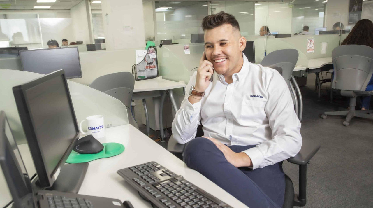 Yerko Andres Arce Alvial at his workstation at the Santiago headquarters of Komatsu Cummins Chile. 