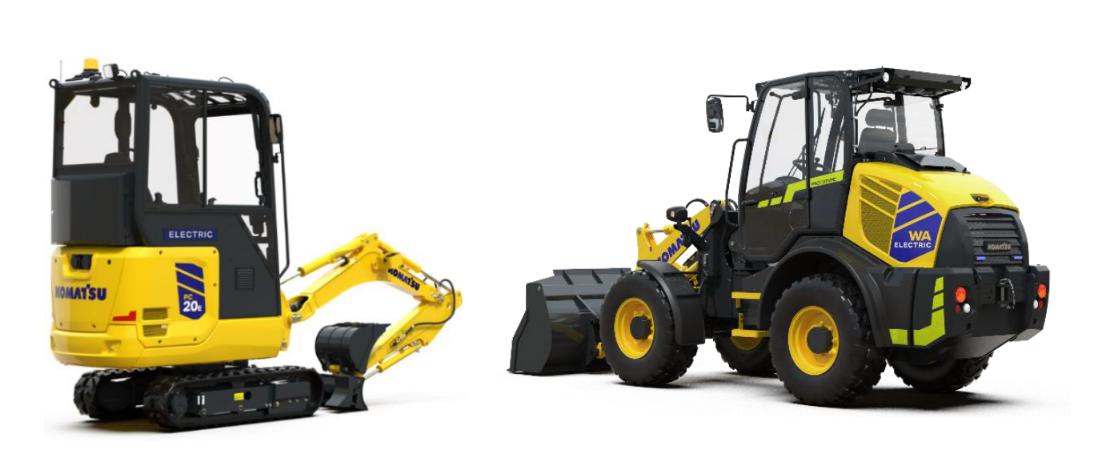 A prototype of electric mini-excavator in the 2-ton class (left) and a prototype of electric wheel loader (right).